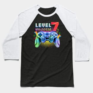 Level 7 Unlocked Video Game 7th Birthday Gamer Boys Baseball T-Shirt